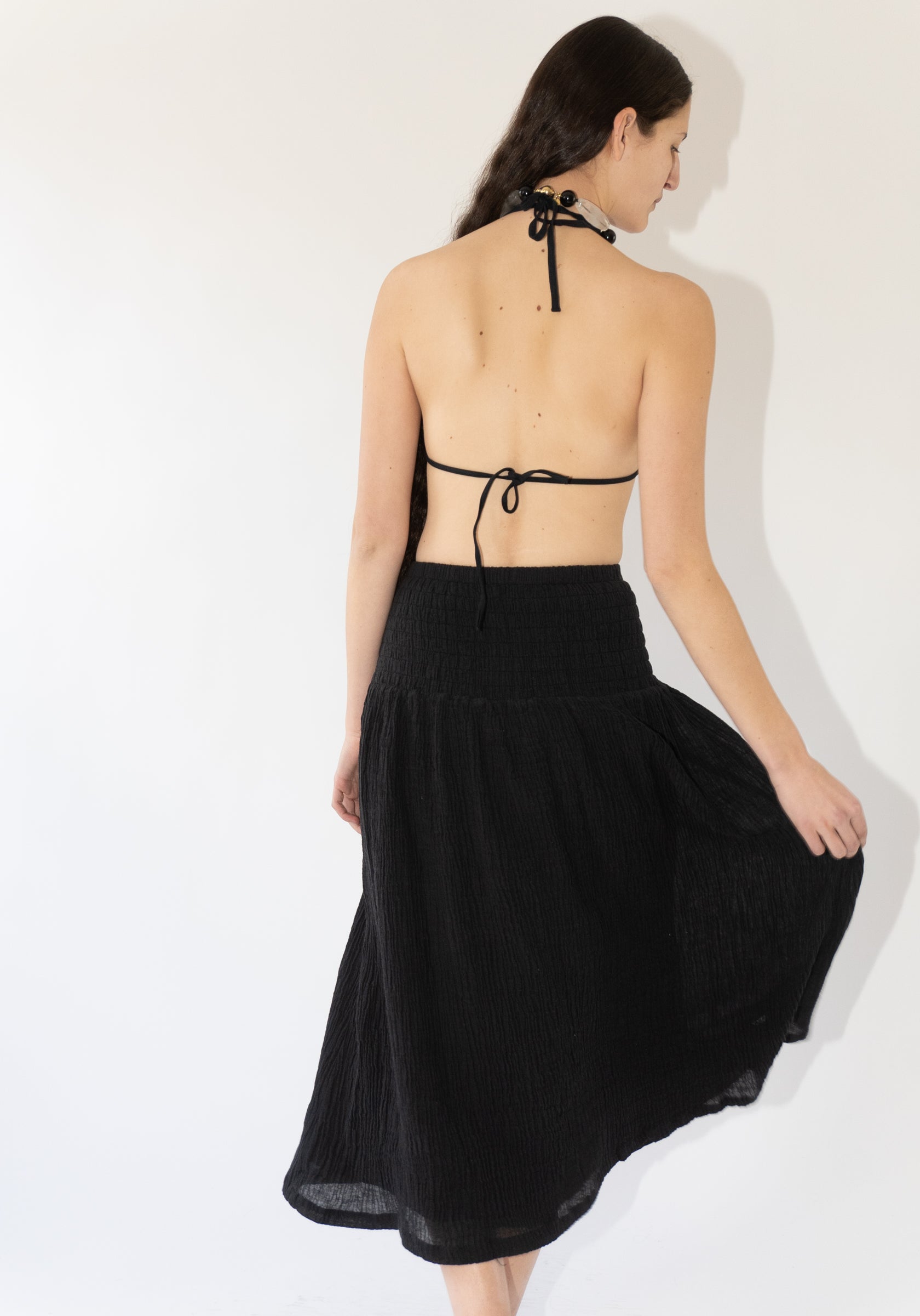 Sol Smocked Gauze Skirt in Black