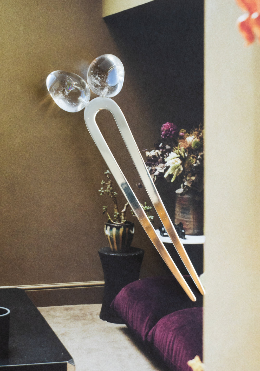 Pebbles Hairpin No.2 in Sterling + Rock Crystal