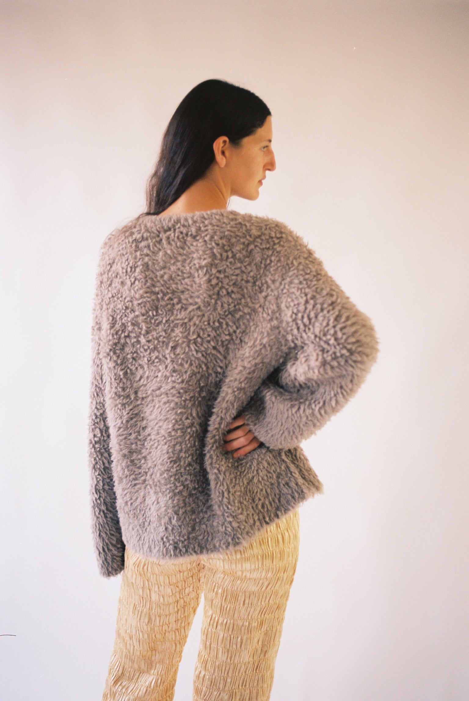 Handknit Fur Crewneck in Taupe