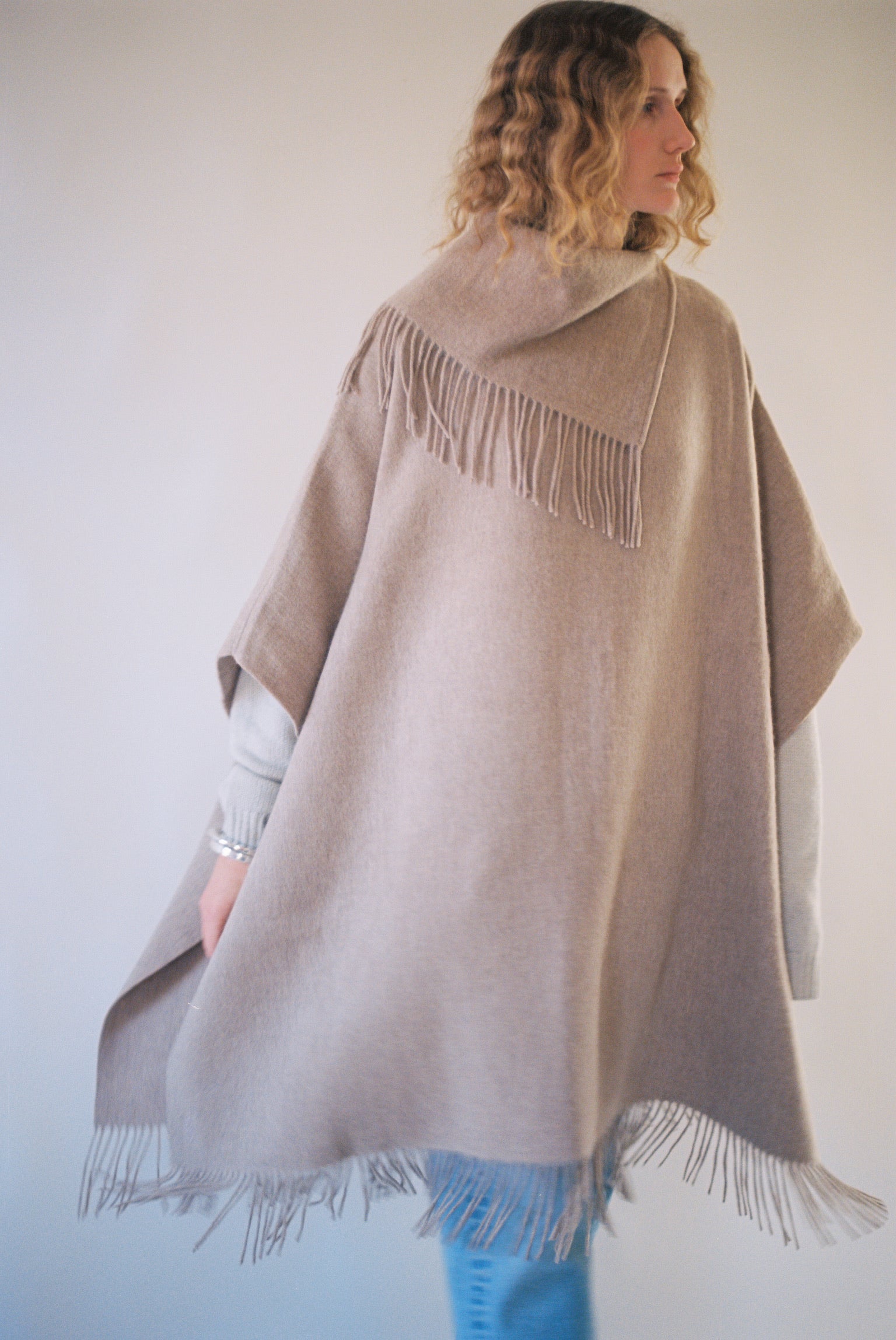 Long Turtlo Fringe Poncho in Grey/Brown Milange