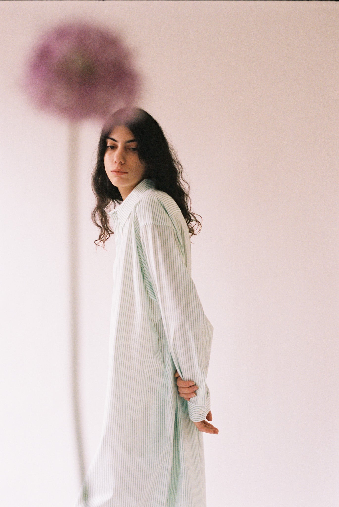 Cristaseya Maxi Shirt Dress in White and Green Stripes