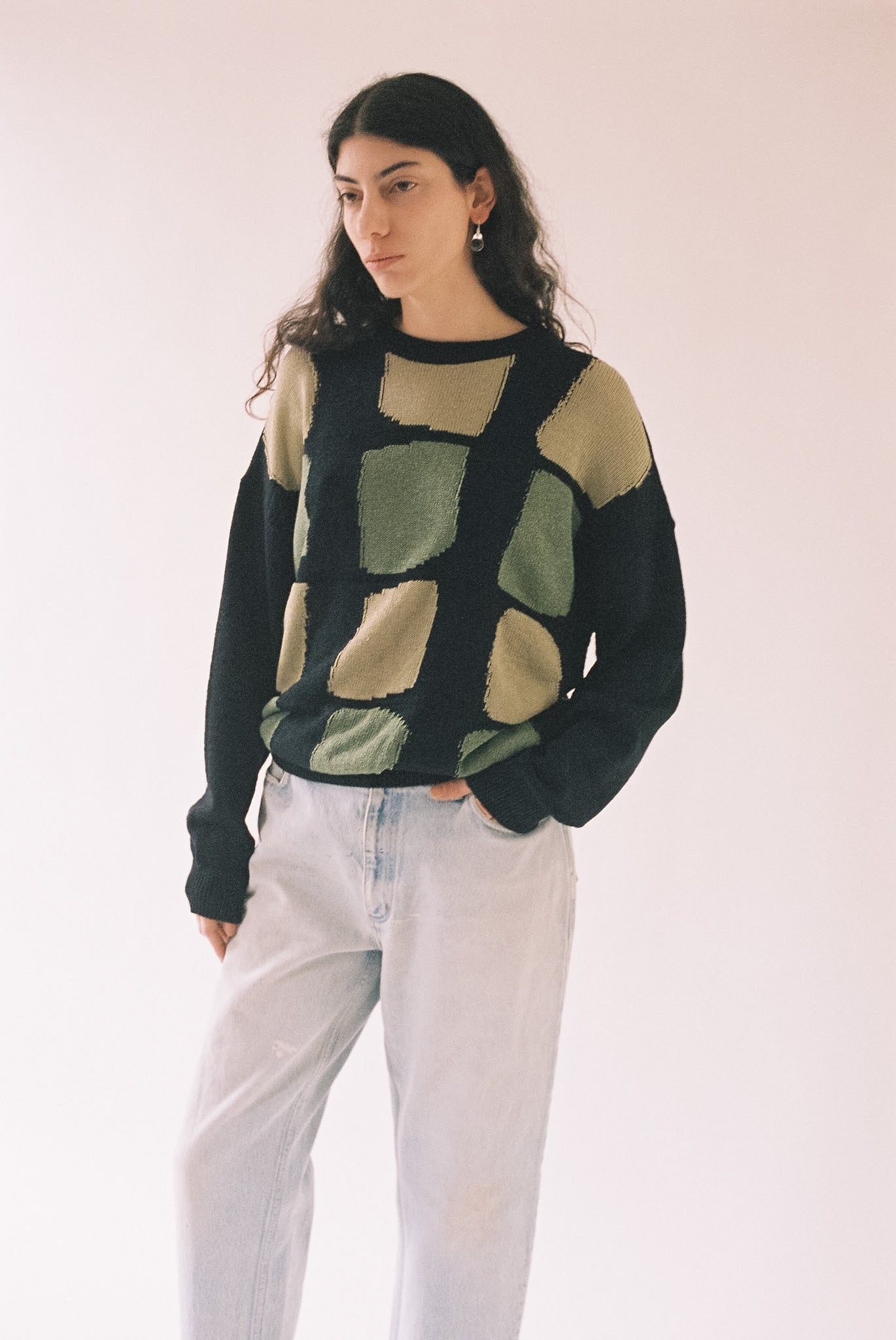 Cristaseya Washi Paper Patchwork Sweater in Black with Sauge and Khaki Patch