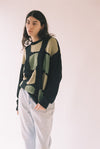 Cristaseya Washi Paper Patchwork Sweater in Black with Sauge and Khaki Patch