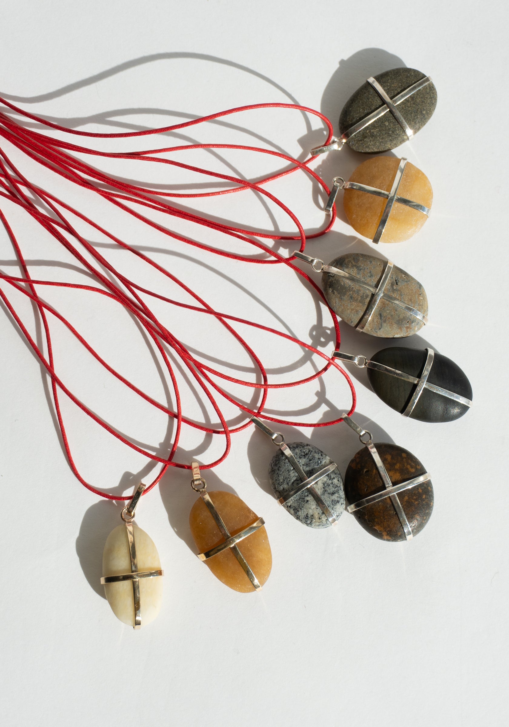 Ribbon Stone Pendant in Gold with Red Cord