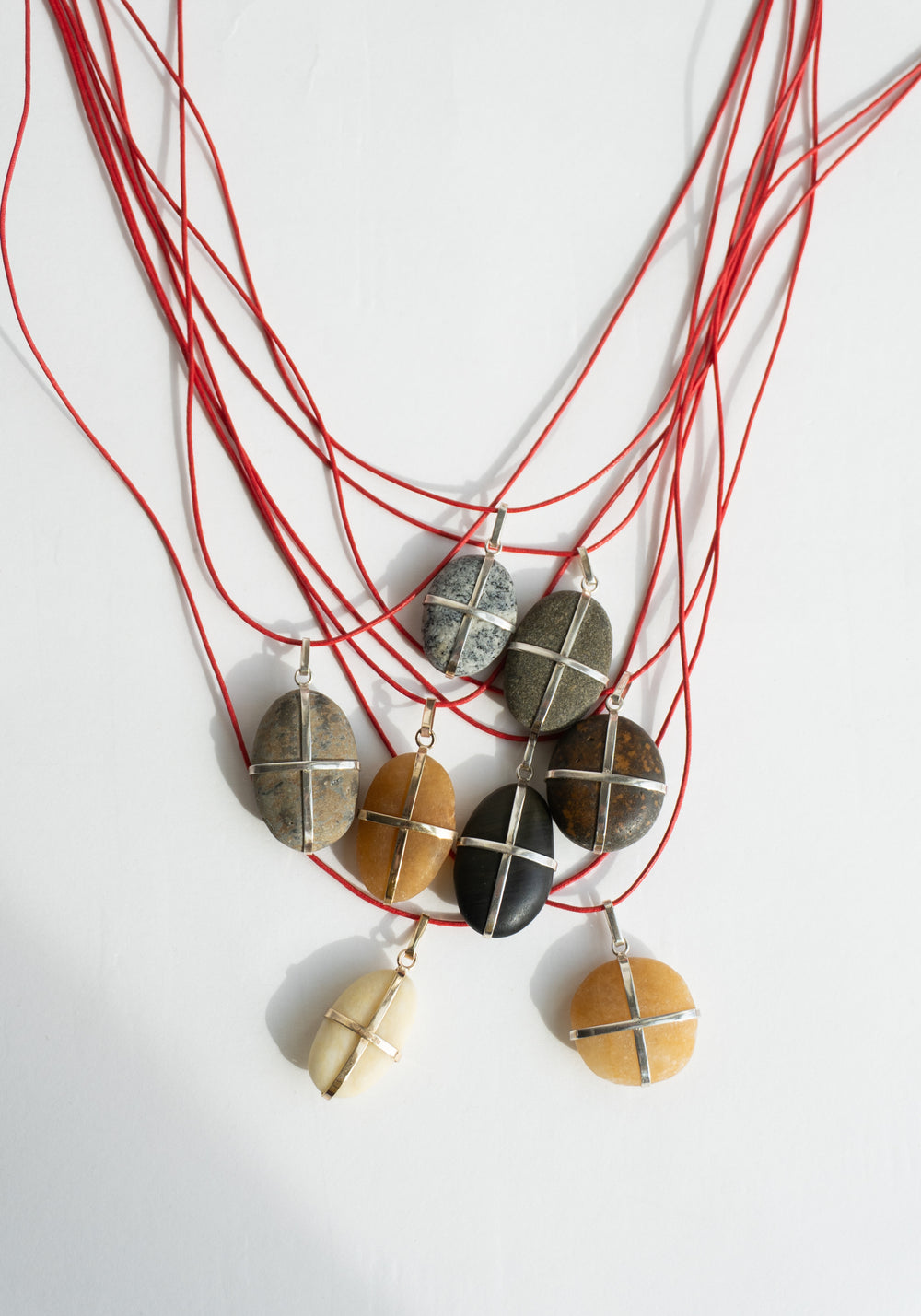 Ribbon Stone Pendant in Sterling with Red Cord