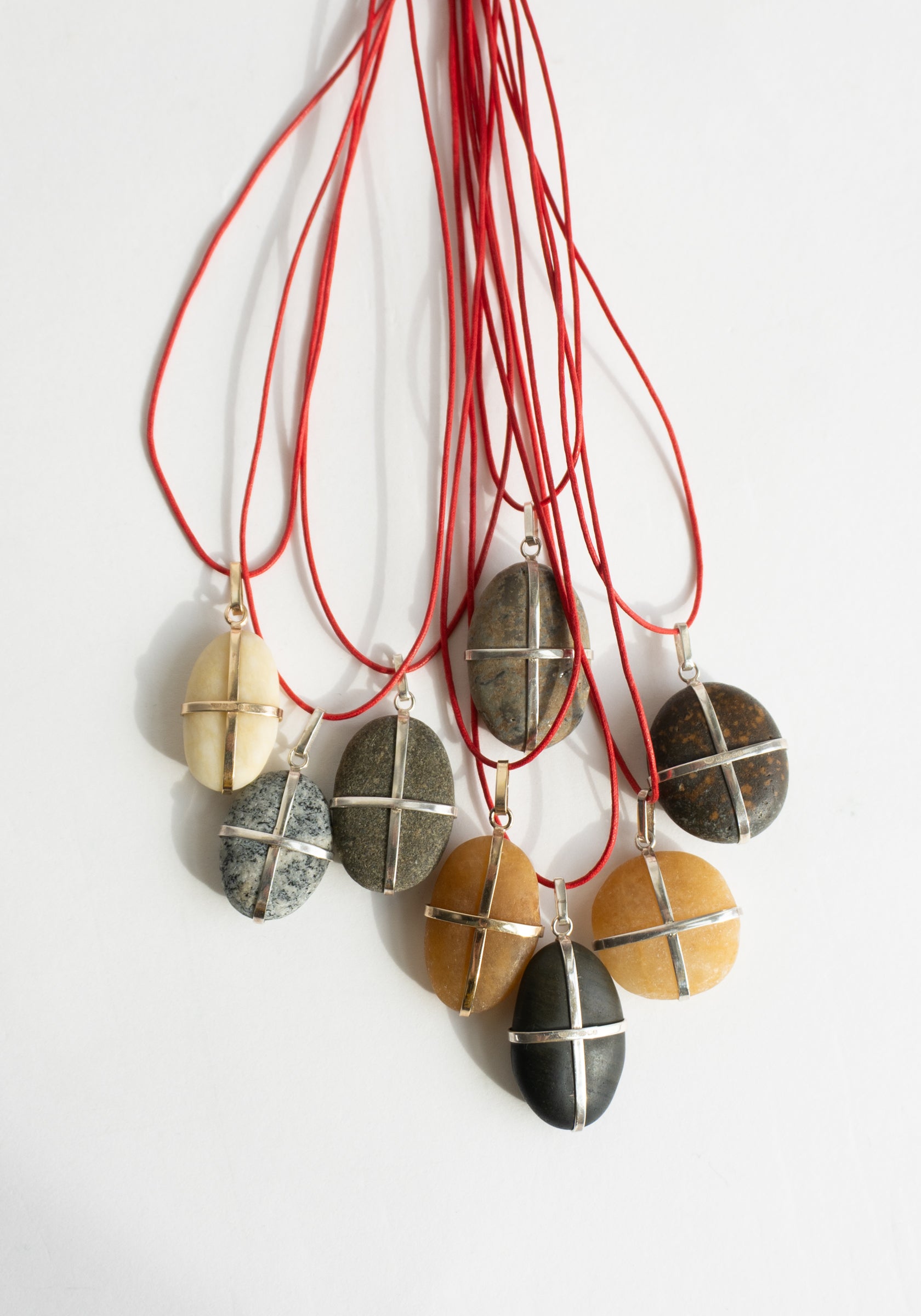 Ribbon Stone Pendant in Gold with Red Cord