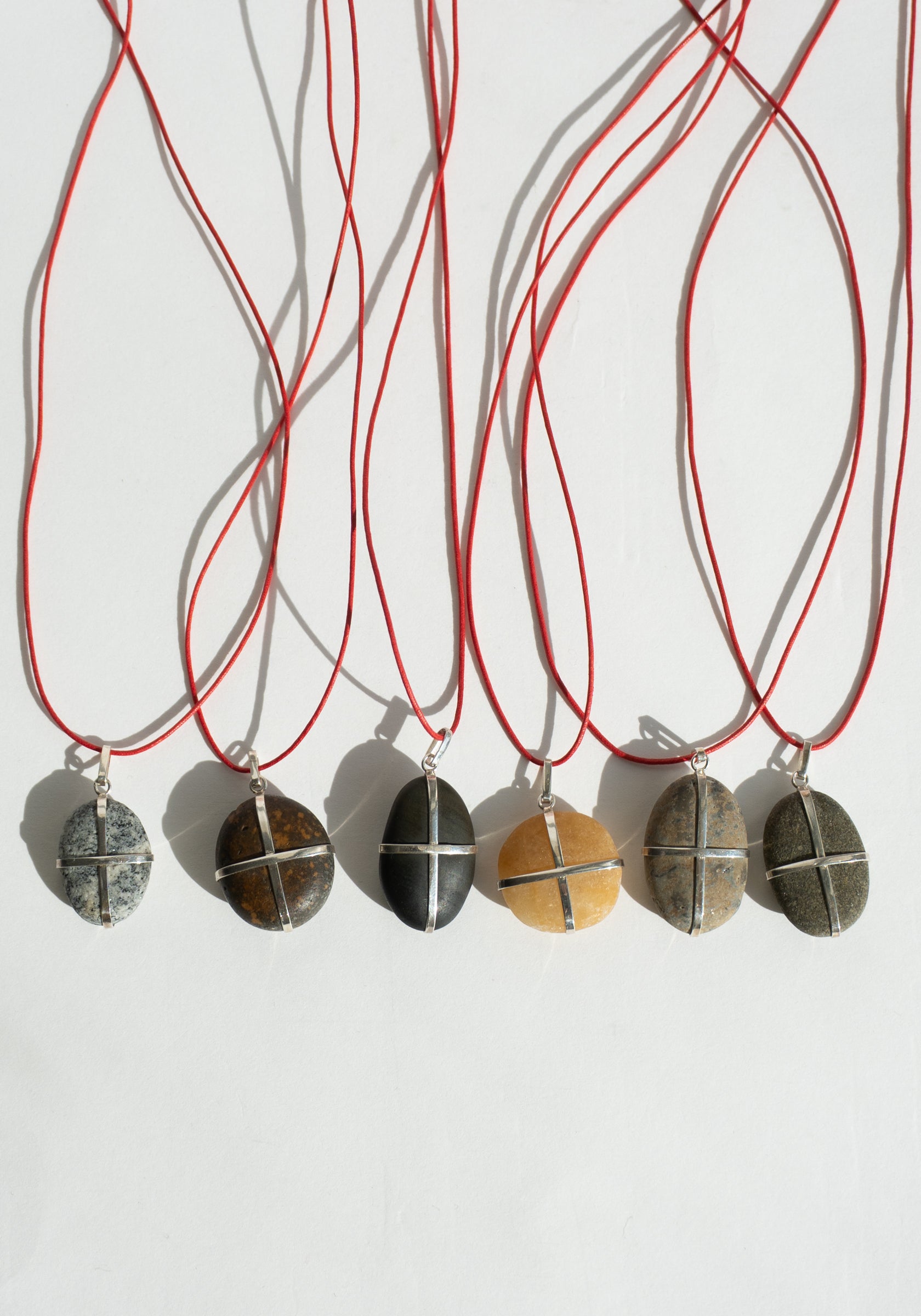 Ribbon Stone Pendant in Sterling with Red Cord