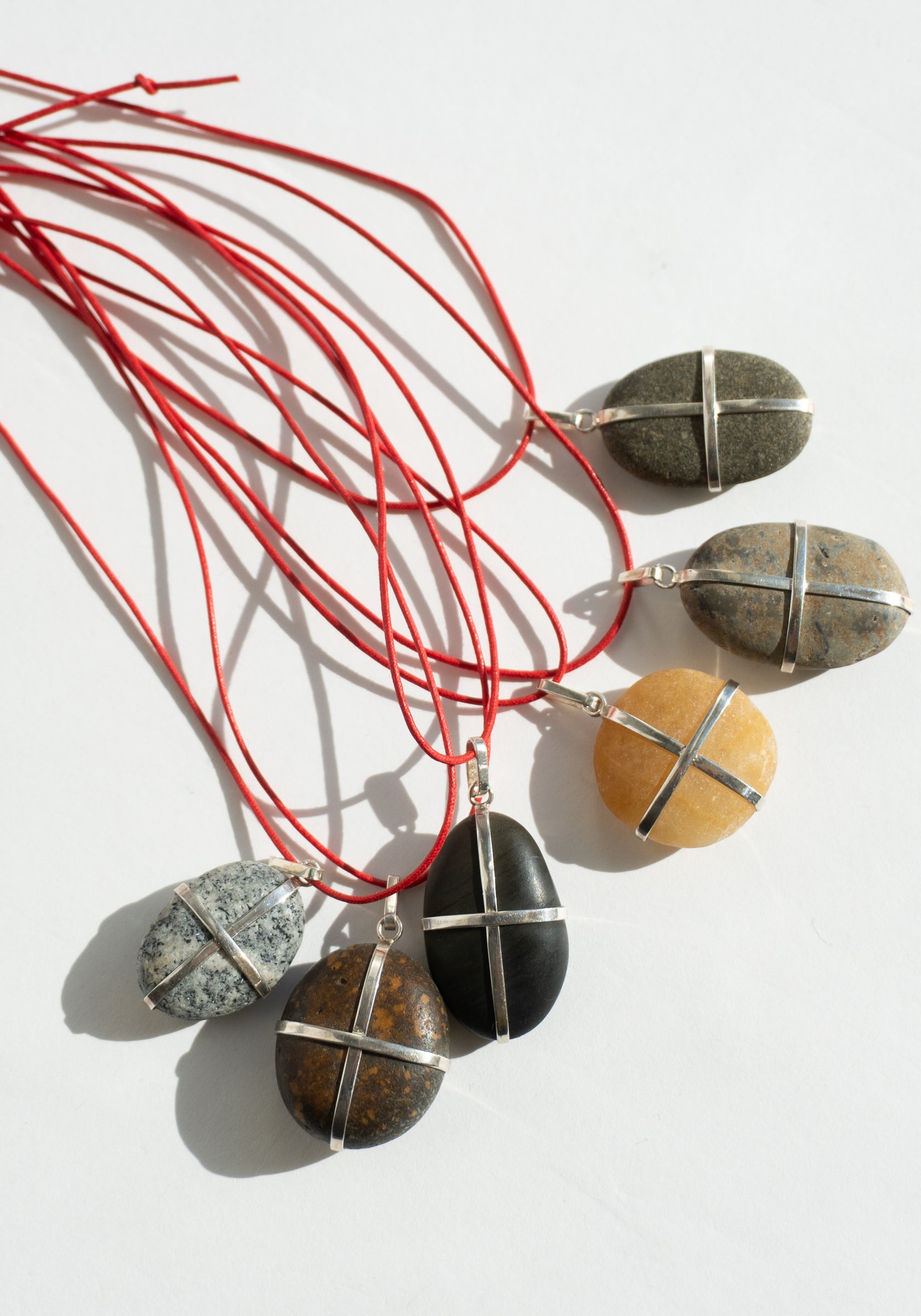 Ribbon Stone Pendant in Sterling with Red Cord