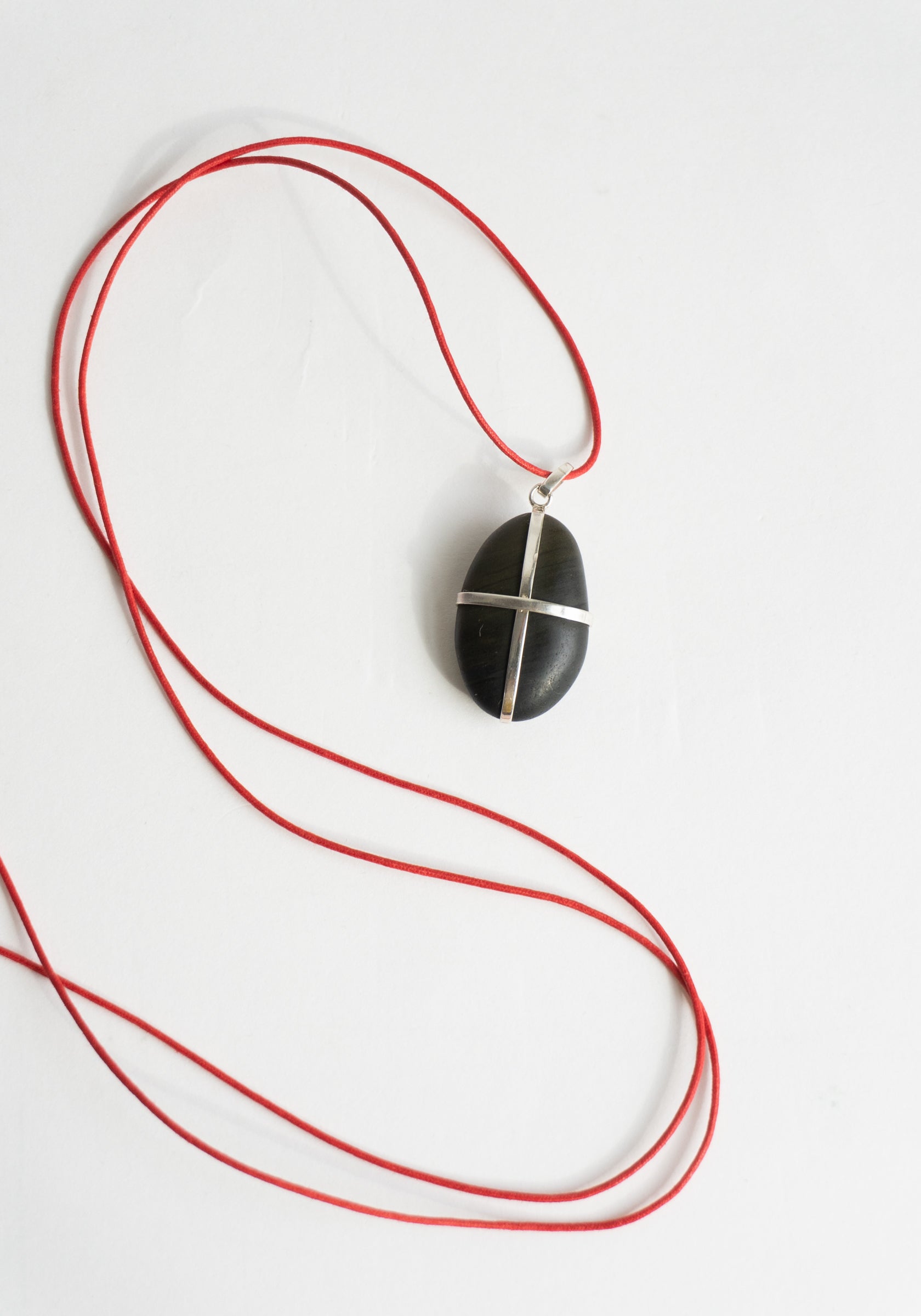 Ribbon Stone Pendant in Sterling with Red Cord