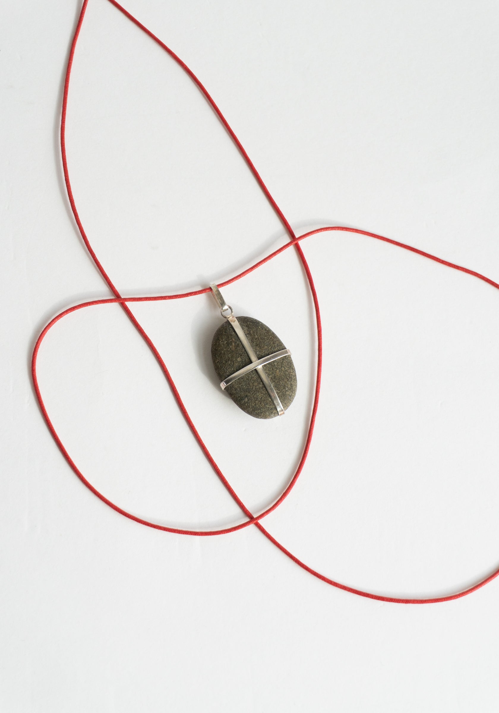 Ribbon Stone Pendant in Sterling with Red Cord