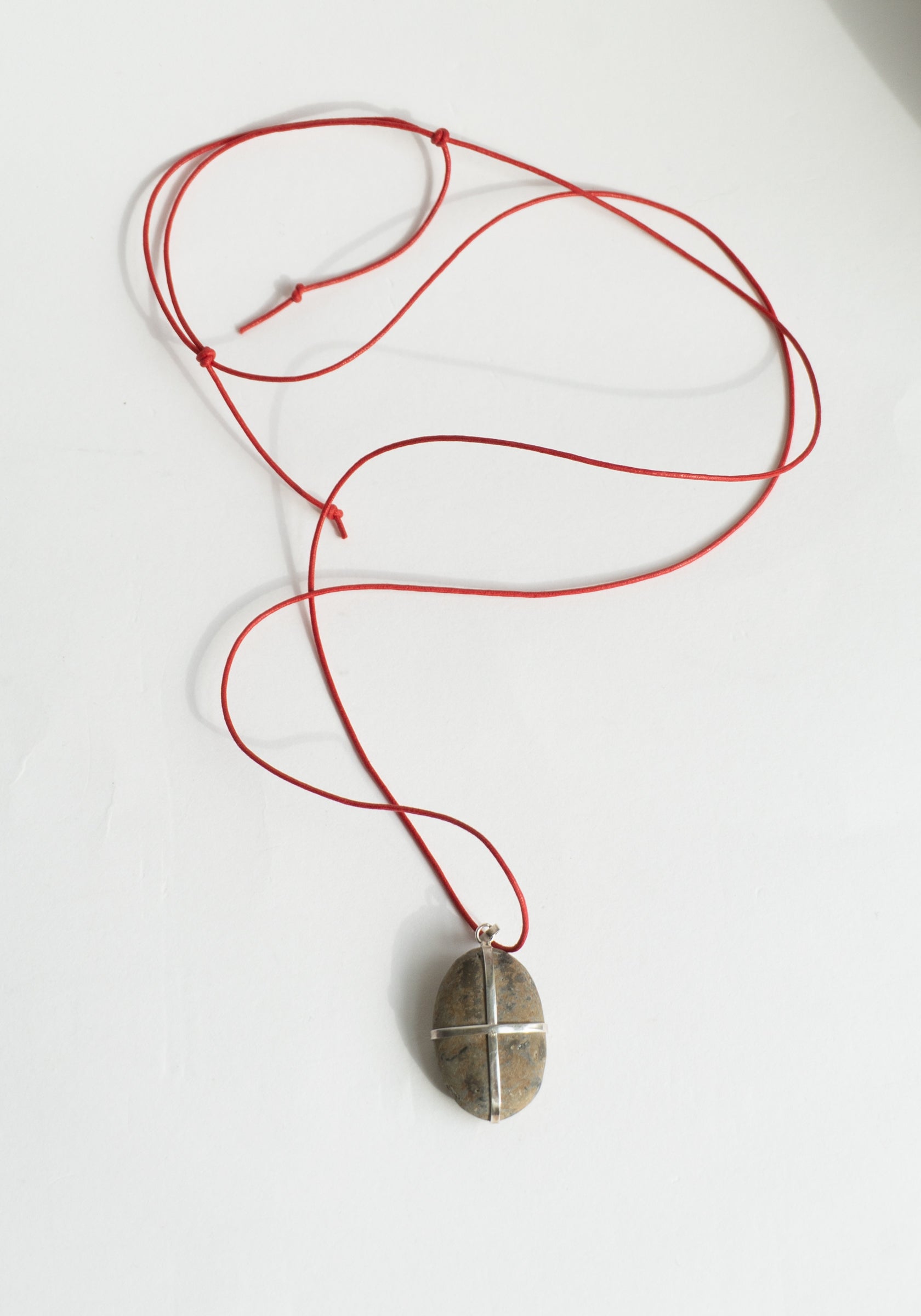 Ribbon Stone Pendant in Sterling with Red Cord