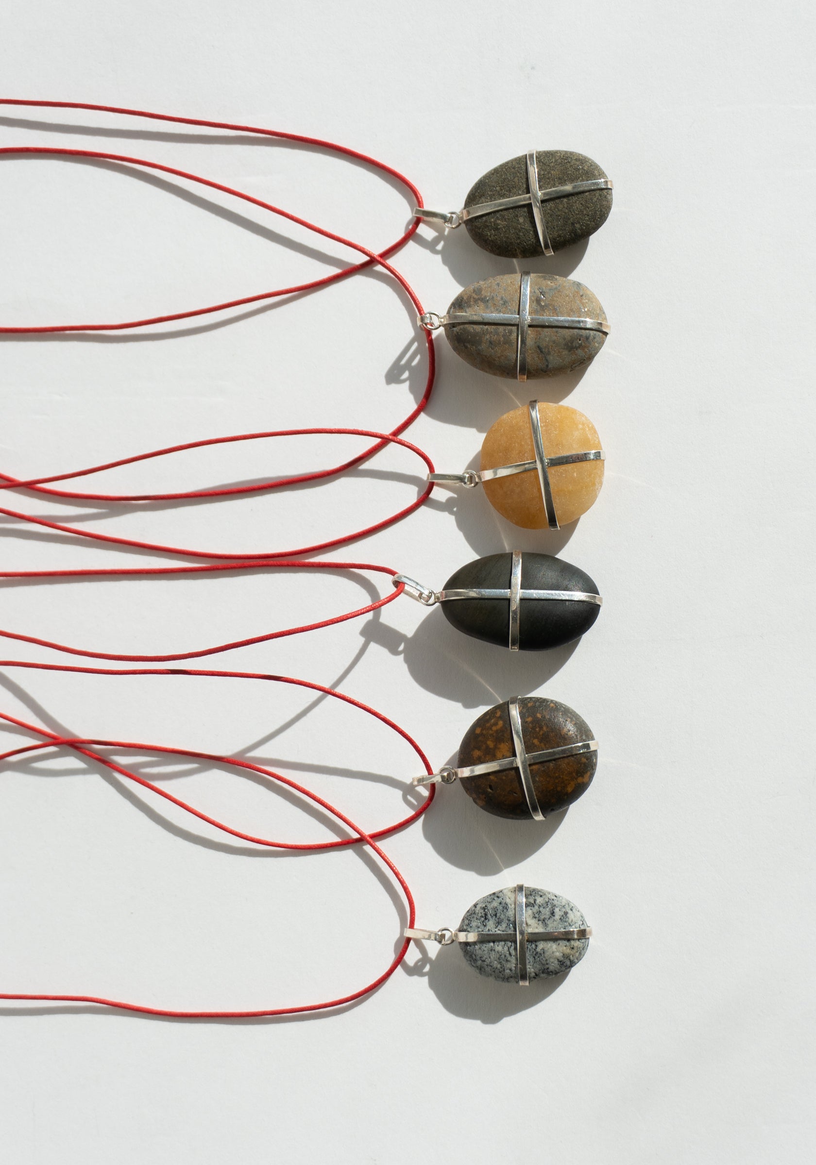 Ribbon Stone Pendant in Sterling with Red Cord