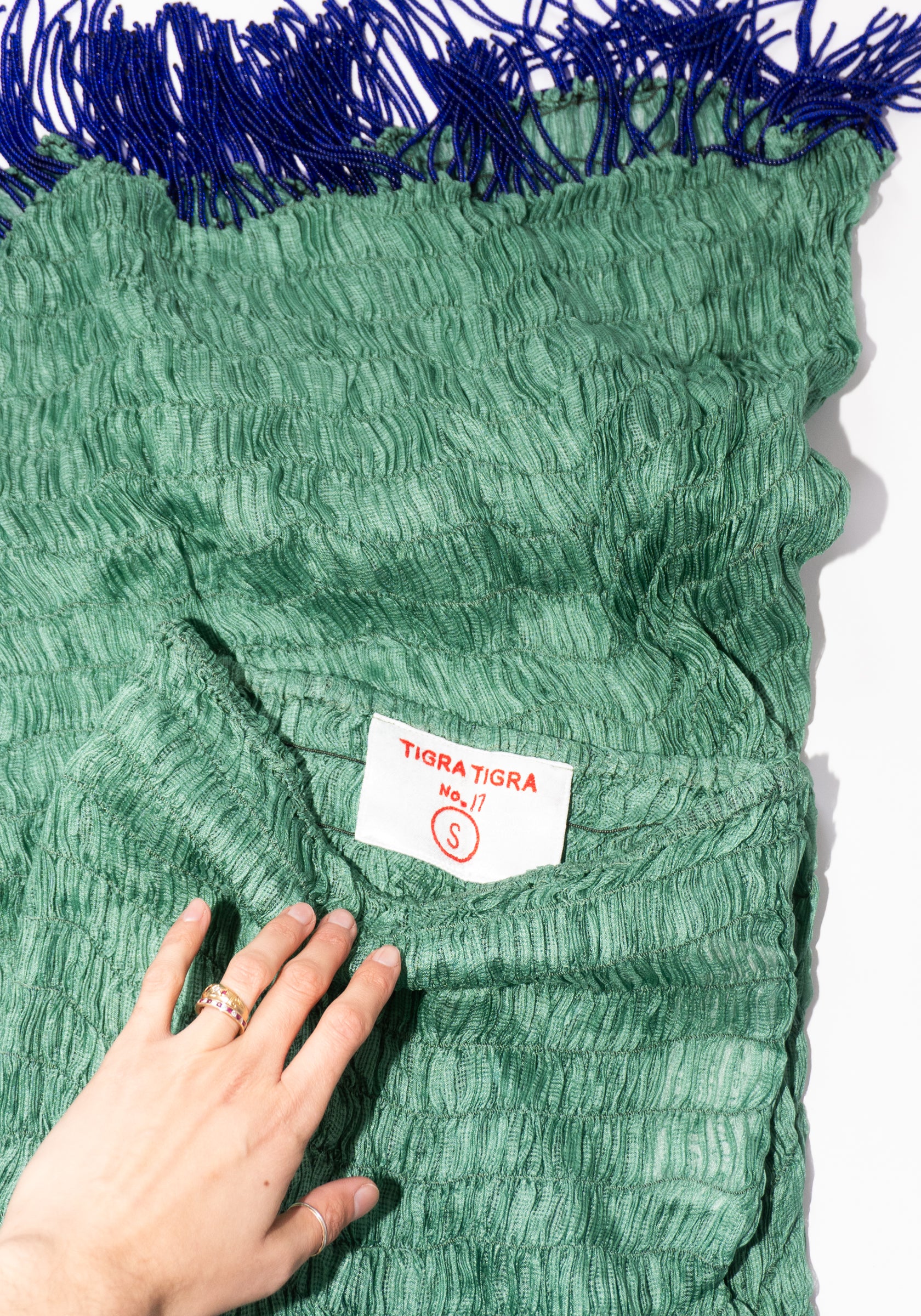 Tigra Tigra Gathered Kota Tube Dress with Beaded Fringe in Jade Green