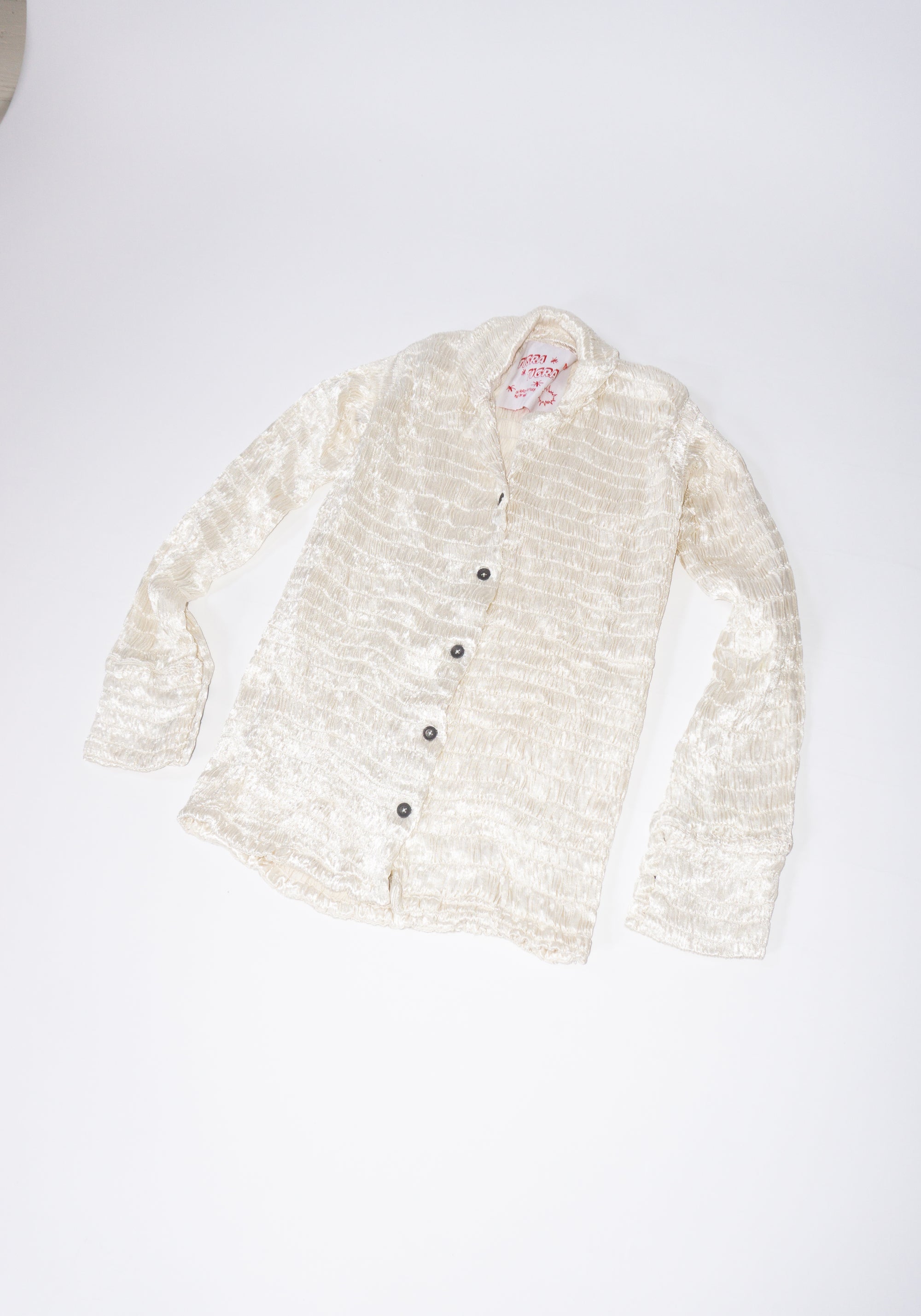 Gathered Silk Mashroo Button Shirt in White