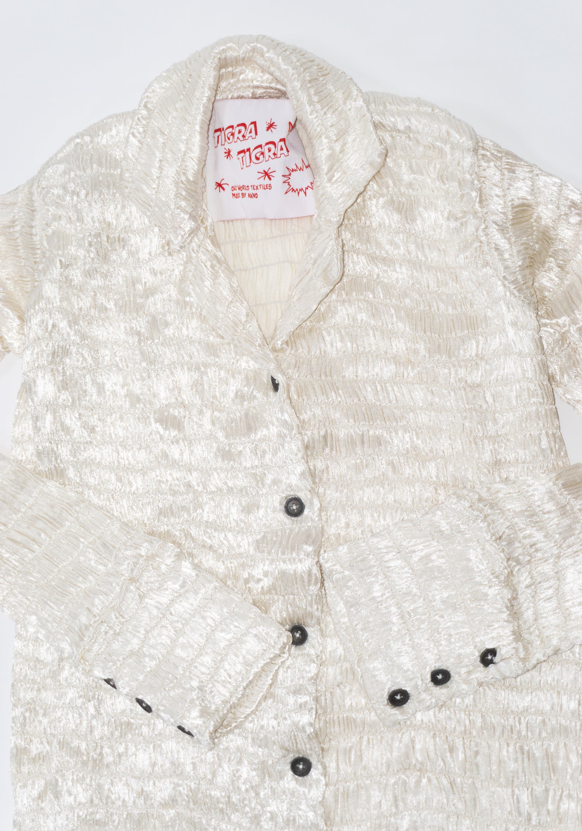 Gathered Silk Mashroo Button Shirt in White