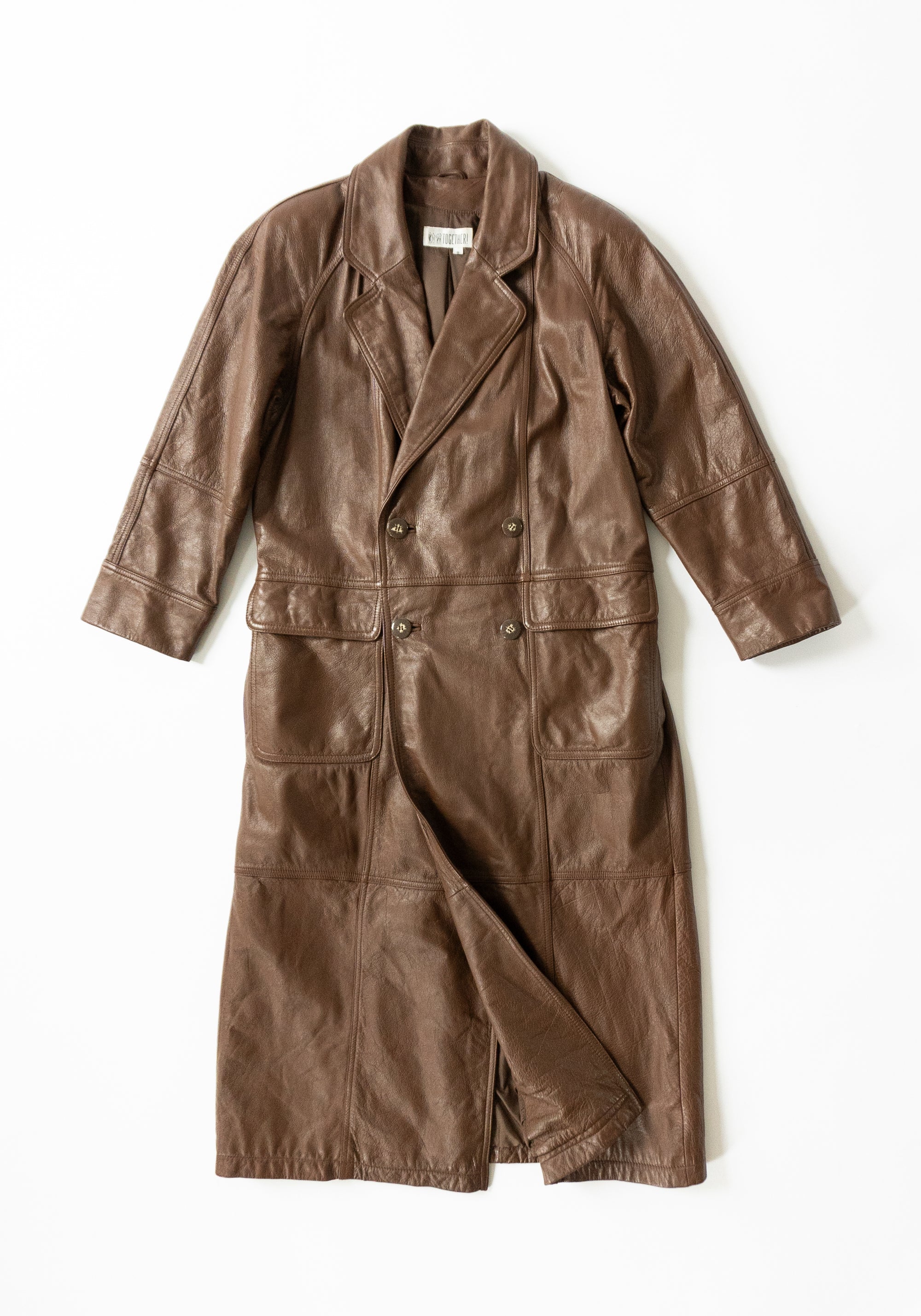 Vintage Long Brown Double Breasted Leather Trench