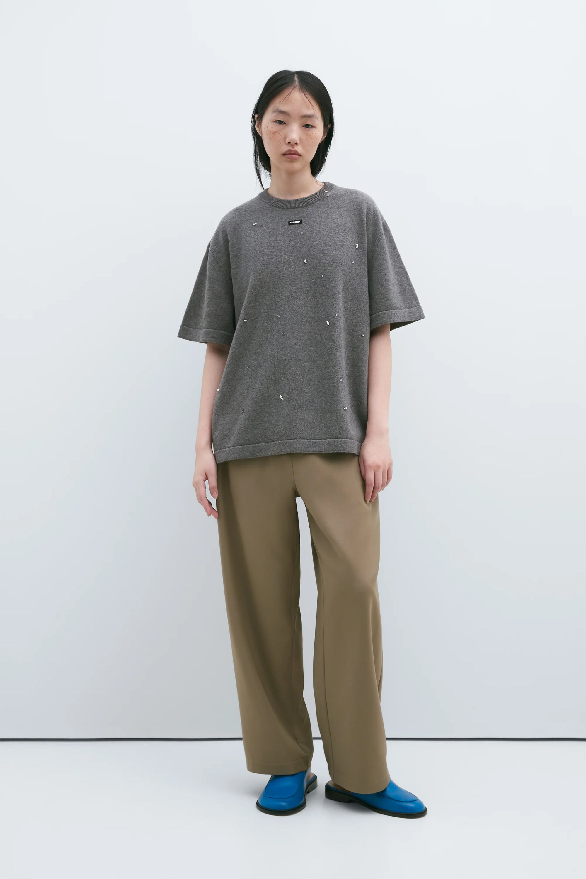 Merino Wool Beaded Tee in Grey