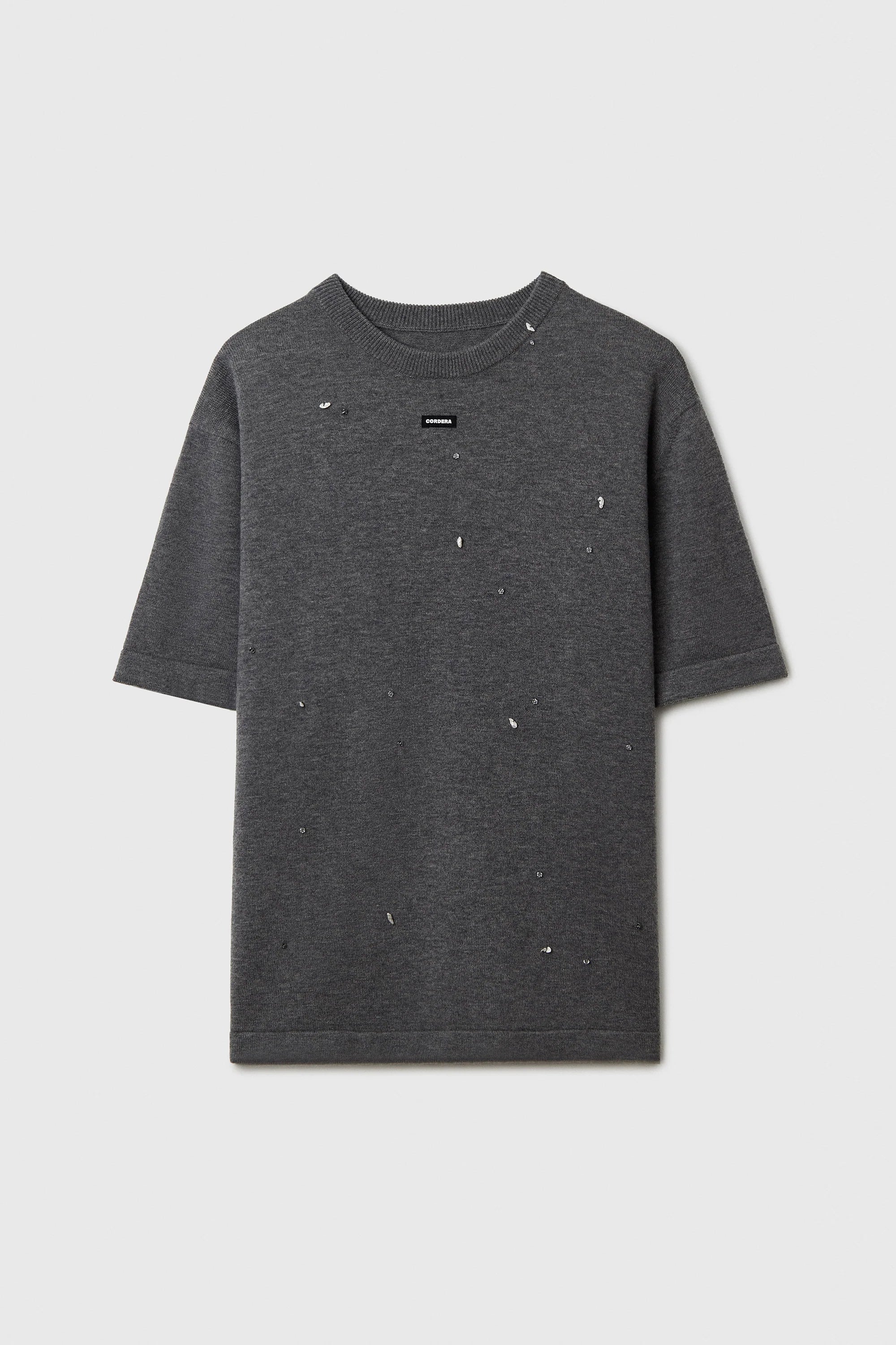 Merino Wool Beaded Tee in Grey