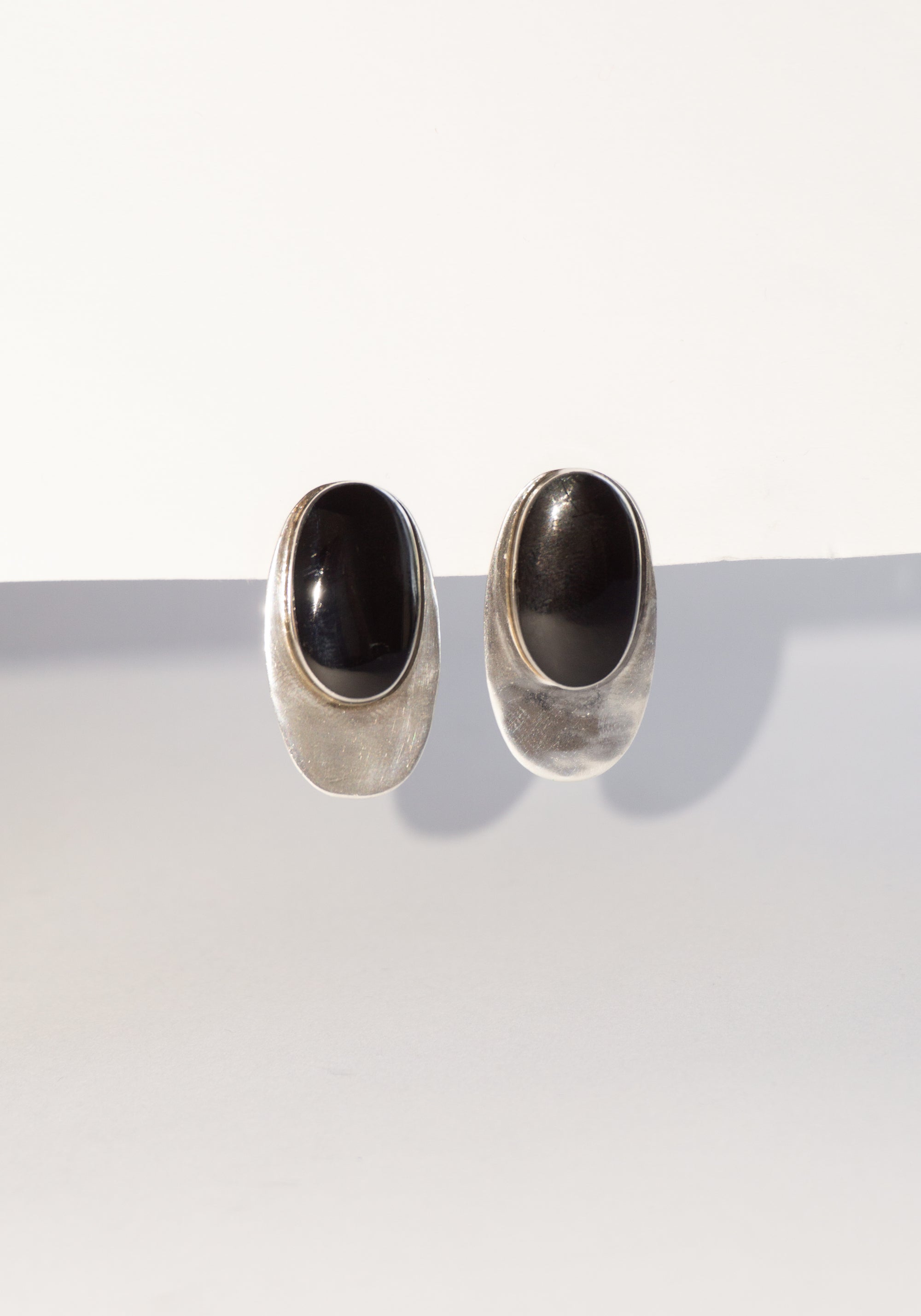 Vintage Oval Onyx and Silver Earrings