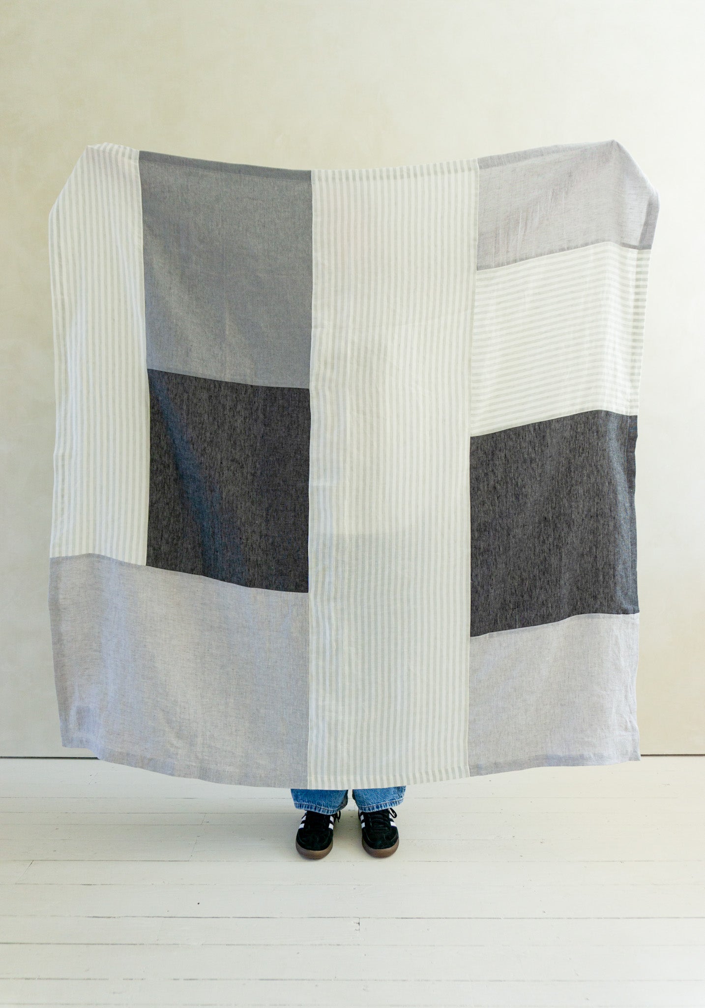 Quilted Linen Textile in Charcoal and Stripes